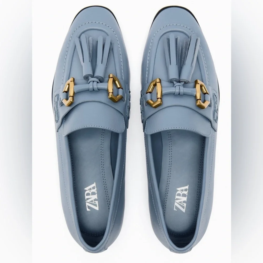 NWT. Zara Blue Tassels Flat Loafers. Size 6,5.